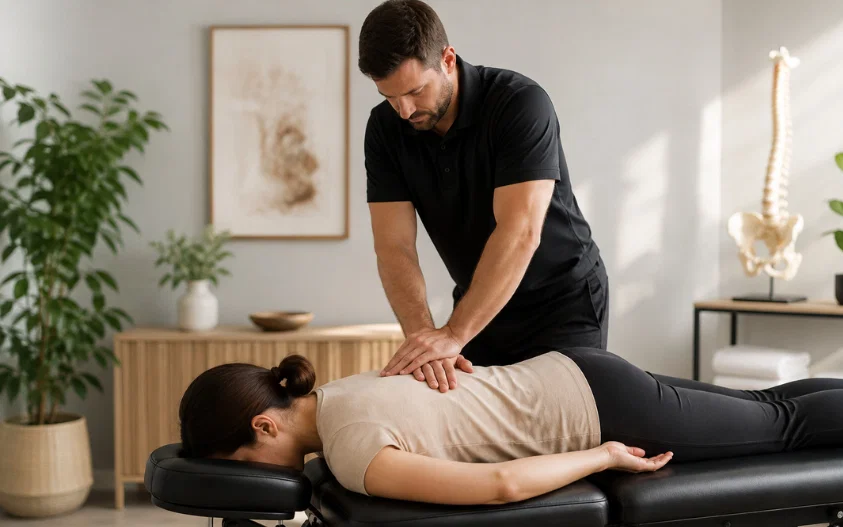 Chiropractor performing a back adjustment on a patient