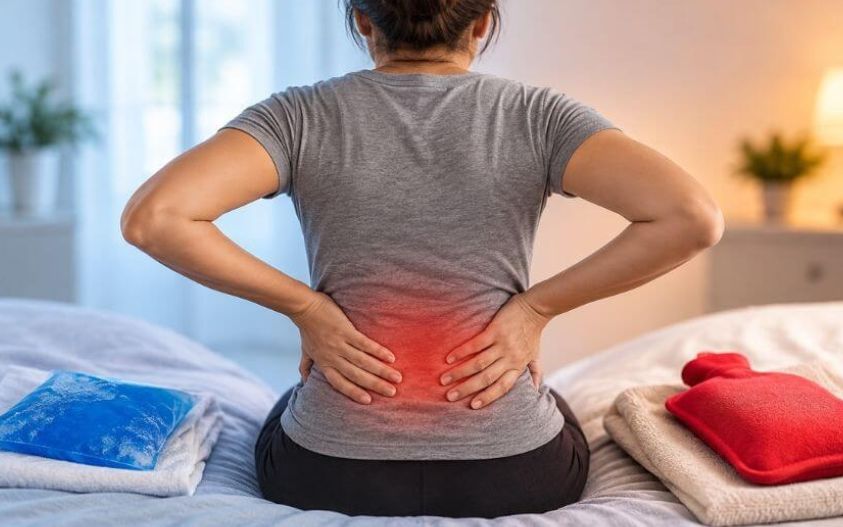 Woman considering heat or ice for back pain